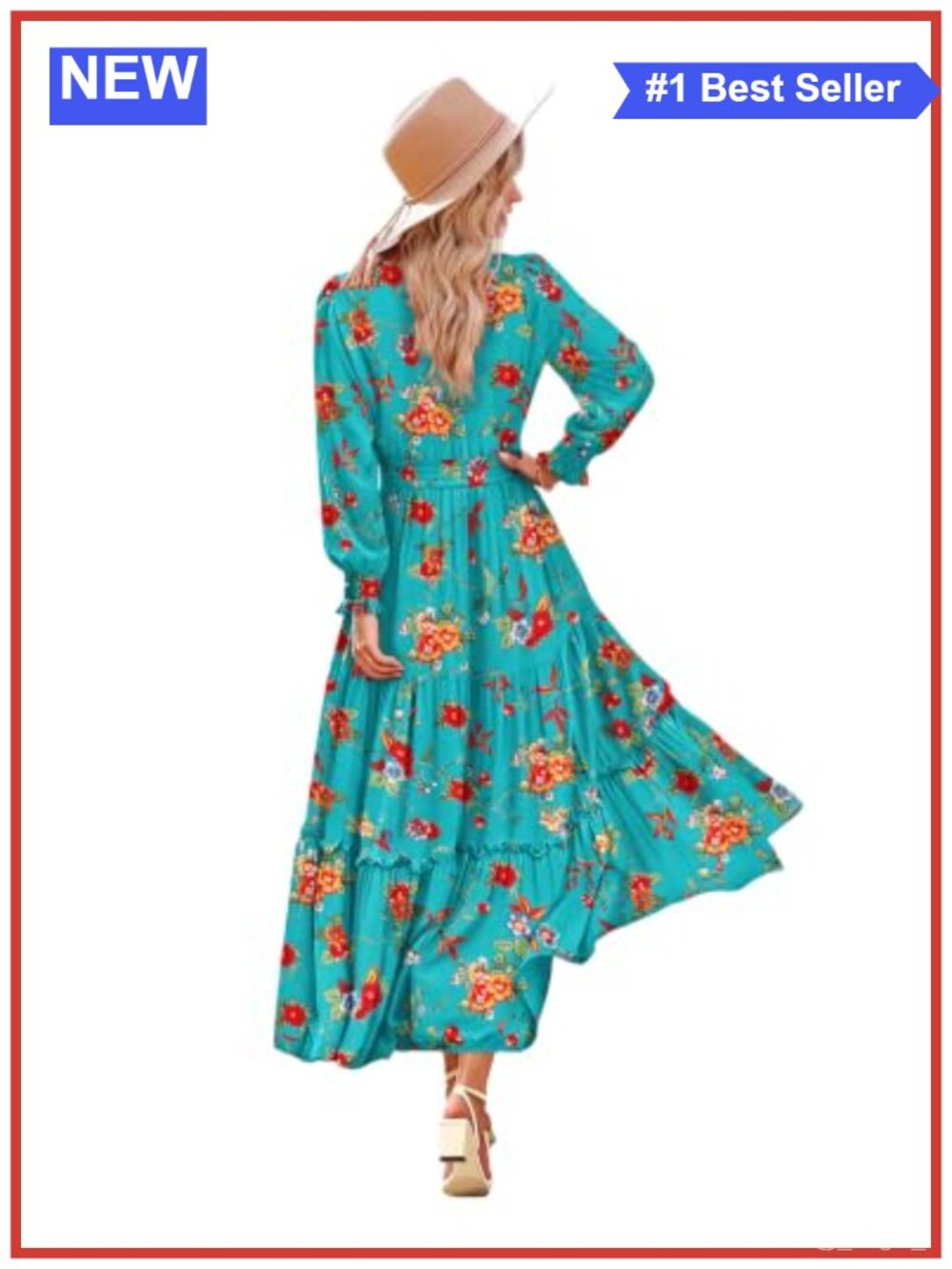 Women Floral Long Sleeve Maxi Dress Smocked Waist Lantern Sleeve Wedding Guest